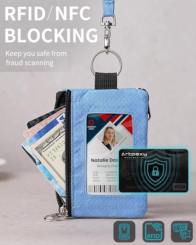 Artpaxy Minimalist Wallet For Mens Womens, Keychain RFID Blocking Zipper Small Wallet with ID Window 2 Lanyards,Water Resistant Travel Cash Card Coin Case Boys Girls - Image 6