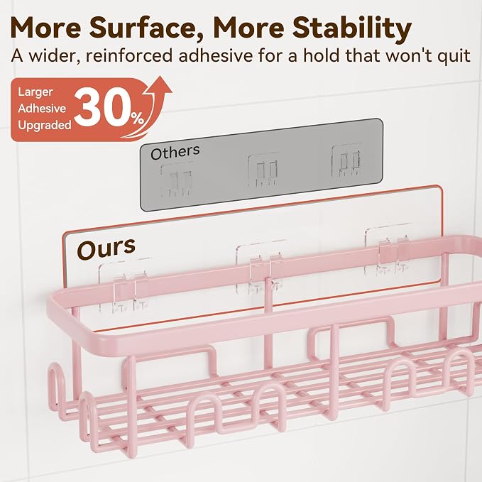 Shower Caddy Adhesive, Rustproof Shower Organizer, Wall Shower Rack | Large Capacity Shower Shelves for Inside Shower, Shampoo Shower Holder, Pink, 2 Caddies, 2 Soap Dishes, 1 Toothbrush Holder - Image 3
