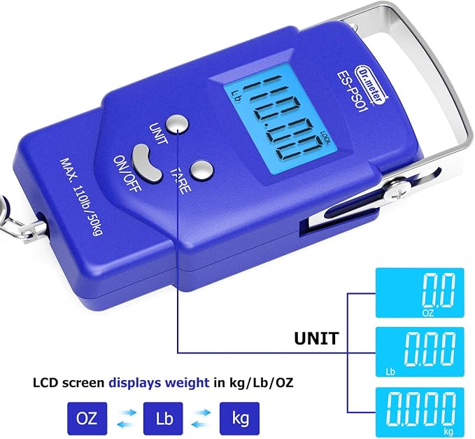 Dr.meter Fish Scale, 110 lb Digital Luggage Scale with Tape | 110 lb Capacity, Backlit LCD, Built-In Tape, Includes 2 AAA Batteries, Compact Pocket Size - Image 6