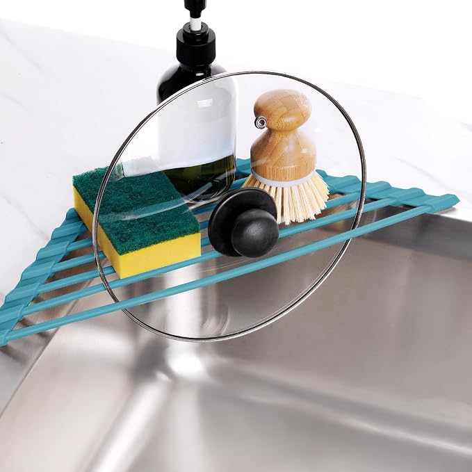 Tomorotec Roll Up Dish Drying Rack with Silicone Coating, Dark Green | 304 Stainless Steel with BPA-Free Silicone, Triangle Design Maximizes Sink Corner Space, Fits Compact Kitchens And RVs - Image 4
