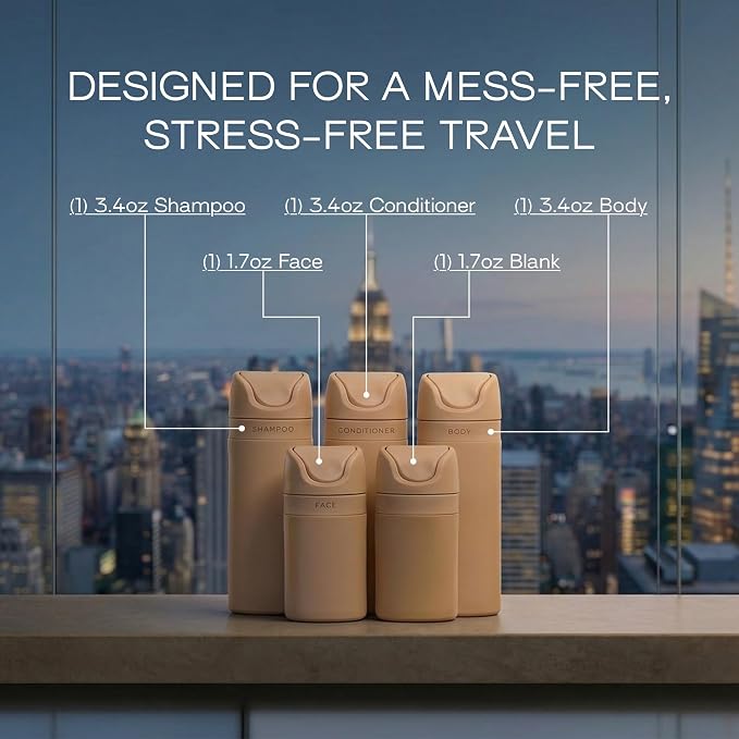RIES Travel Bottles for Toiletries | Travel Size Containers | 5 Pack | Tsa Travel Bottles | Shampoo and Conditioner Leak Proof with Airless Pump | BPA Free Recycled Plastic & Dishwasher Safe - Image 7