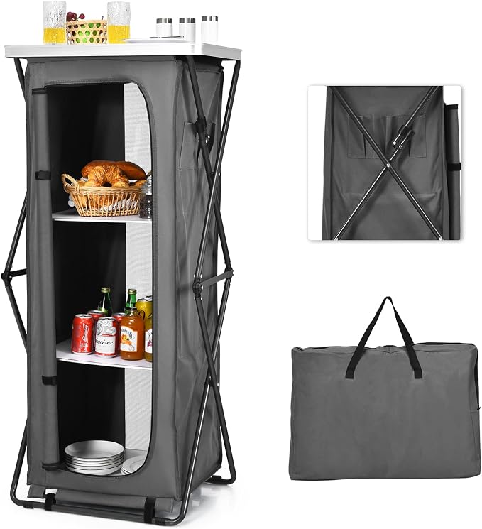 Goplus Folding Camping Storage Cabinet, Pop Up Outdoor Camping Kitchen Station with Large 3-Tier Storage Organizer, Carry Bag, Easy Set Up Portable Compact Camping Table for BBQ Picnic Backyard (55'') - Image 8