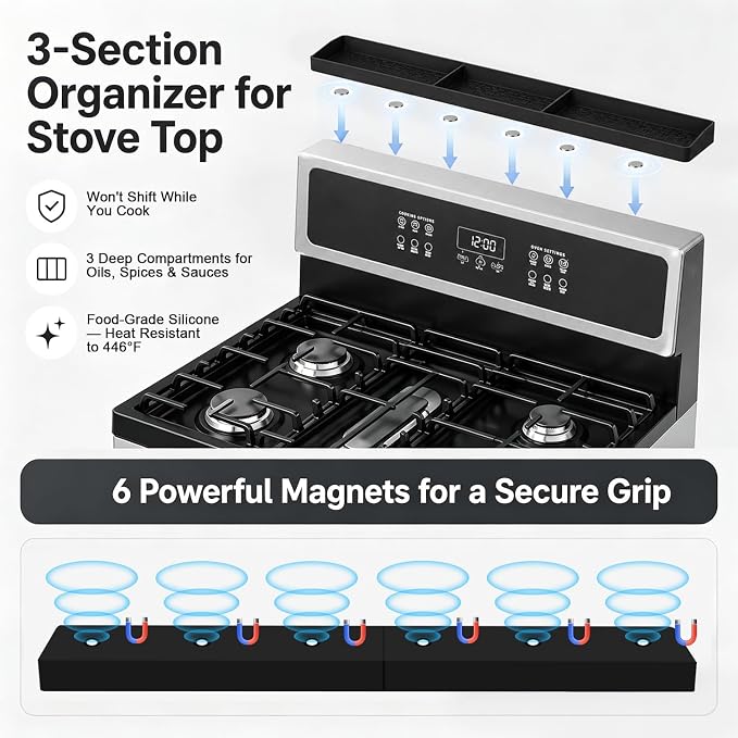 30" Magnetic Stove Top Shelf, Silicone Over the Stove Spice Rack Organizer | Heat Resistant Silicone, Anti-Rattle No-Scratch Range Shelf, 3 Functional Partitions Kitchen Storage for Spices - Image 5