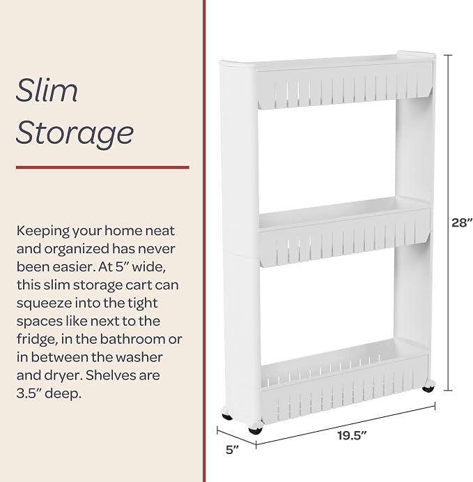 Lavish Home 3 Tier Shelf Rolling Cart, White, 19.5” x 5” x 28” - Image 3