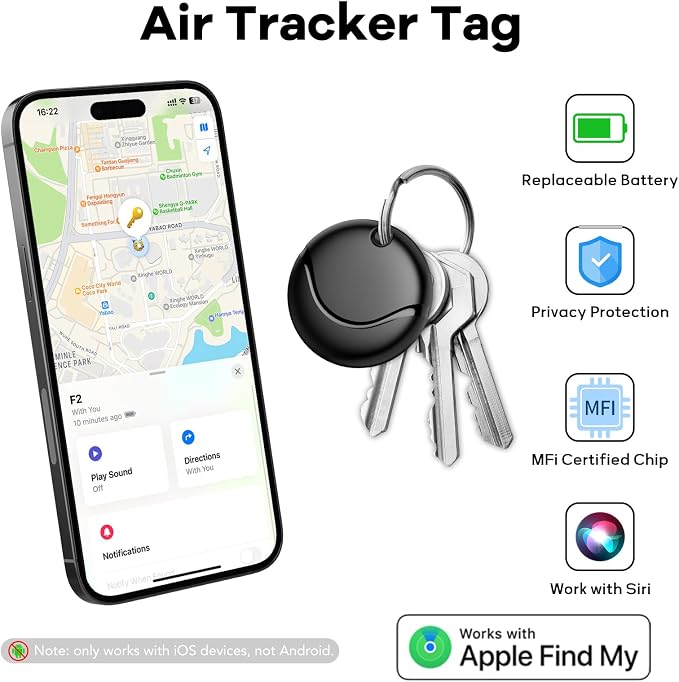 Air Tracker Tags-1 Pack Black, Bluetooth Tracker Works with Apple Find My (iOS Only), Smart Tag with Lanyard, Item Finder for Luggage, Key, Suitcases, Replaceable Battery, IP67 Waterproof Tracking Tag - Image 2