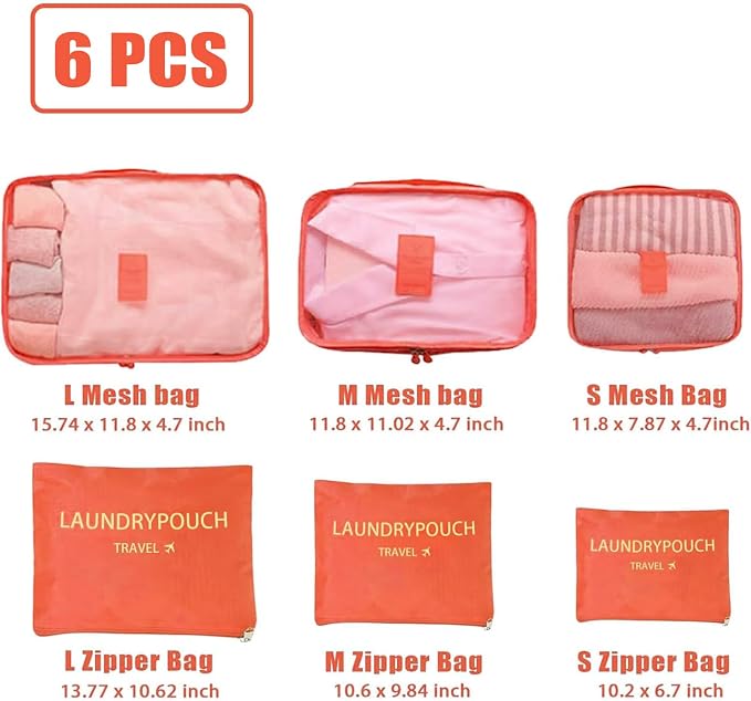 6 Set Packing Cubes for Travel Luggage Organizer Bags Reusable washable Suitcase Packing Cubes Set Travel Accessories Essentials (Orange) - Image 2