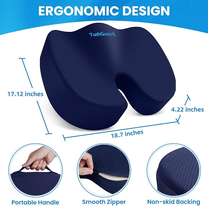 Memory Foam Seat Cushion for Office Chair, Car Seat, Blue, XXL | Office Chair Cushion for Car, Airplane - Chair Pad for Long Sitting Sciatica, Hip, Coccyx,Tailbone Pain Relief, Butt Pillow - Image 2