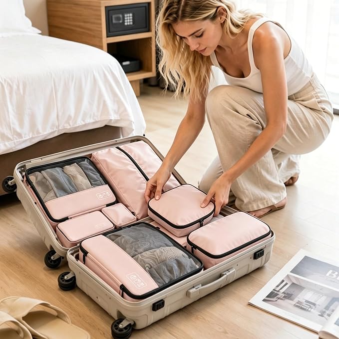 Compression Packing Cubes for Carry On Travel, 8-Piece Luggage Organizers | Women Stylish Packing Cubes for Carry-On & Suitcase , Perfect for Vacation Cruise, Weekend Getaways - Light Pink - Image 2