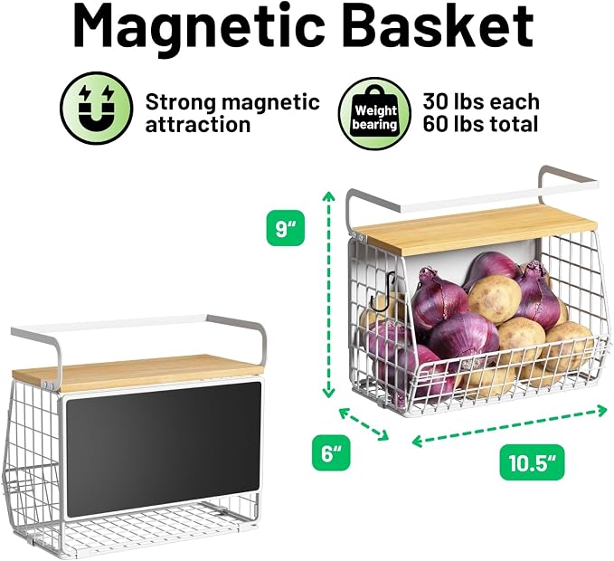 Magnetic Shelf for Fridge with Wood Lid, Fruit Potato and Onion Storage Bins, Pantry Organizers & Storage, Large Container Magnetic Spice Rack for Refrigerator, Kitchen Counter (White, 1) - Image 5