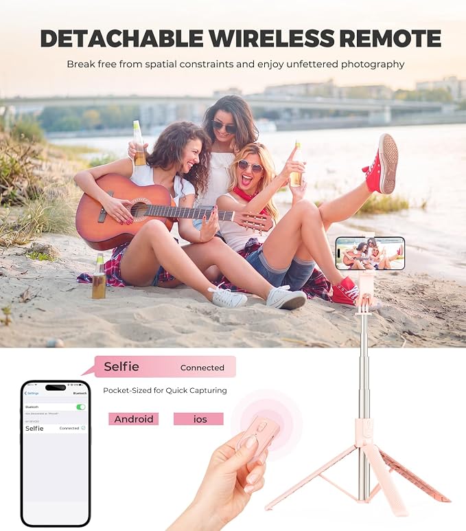 Phone Tripod & Selfie Stick, 180cm Aluminum All in One Extendable Tripod for Smartphone-Pink - Image 4