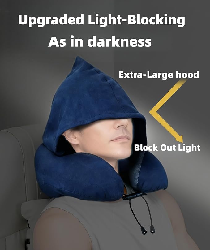 Travel Neck Pillow with Extra Large Hood Rollable Airplane Hooded Neck Pillow with Memory Foam Filling and Removable, Skin-Friendly Cover with a Carrying Pouch - Image 2