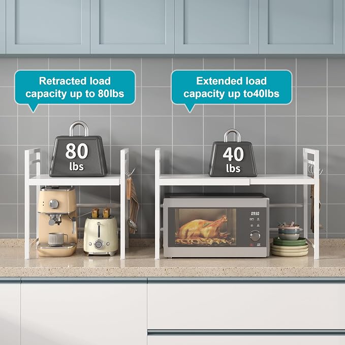 DOLALIKE Expandable Microwave Stand Kitchen Countertop Organizer, White | Adjustable Microwave Oven Rack Metal Storage Shelf with 3 Hooks for Pans Small Appliances Kitchen Utensils Tableware, 2-Tier - Image 5