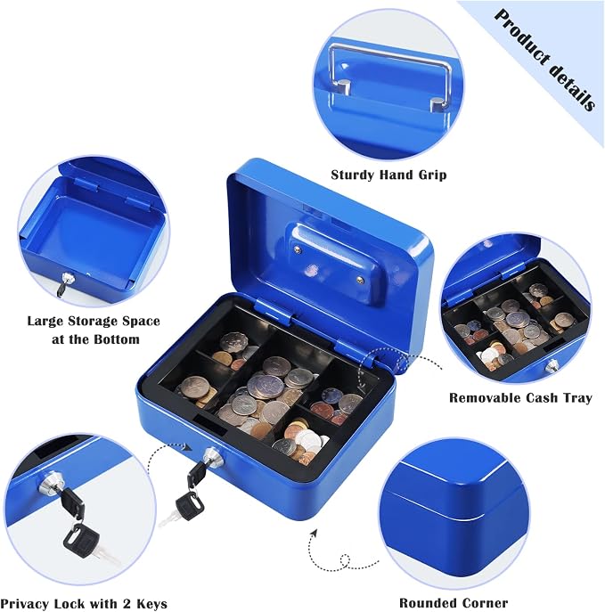 xydled Medium Cash Box with Lock, Removable Coin Tray, Steel Money Box, Blue - Image 4
