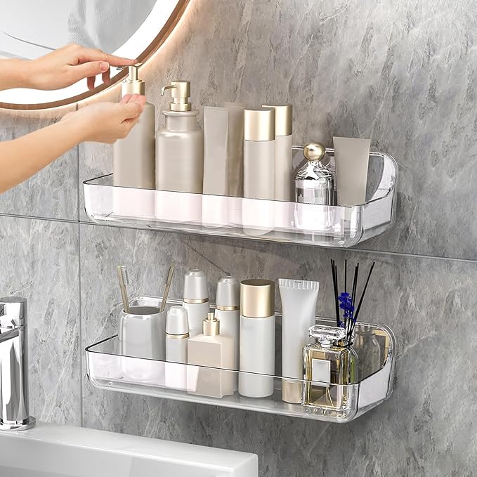 CGBE 2-Pack Adhesive Shower Shelves, Acrylic Bathroom Wall Caddy, Clear | Acrylic Shower Caddy, Wall Mounted Storage, No Drilling, Automatic Draining, For Cabinet Door and Shower Wall by CGBE