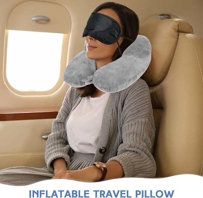 Sintuff 2 Pack Inflatable Travel Pillow for Airplanes Inflatable Neck Flight Pillows with Compact Bag and Blindfold for Traveling, Airplane, Train, Car, Office(Light Gray and Sky Blue) - Image 4