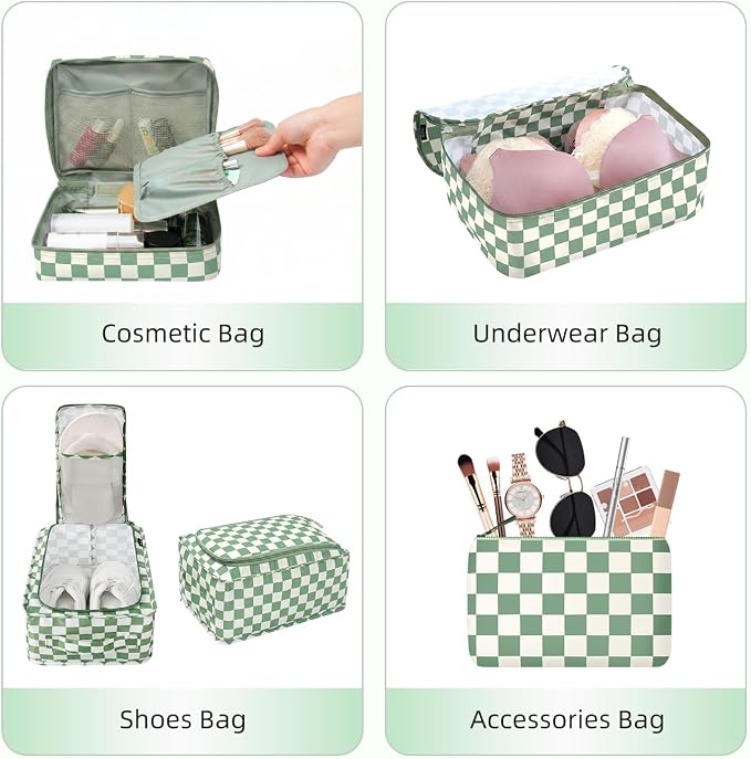 BAGAIL 8 Set Packing Cubes Luggage Packing Organizers for Travel Accessories-Matcha checkered - Image 4