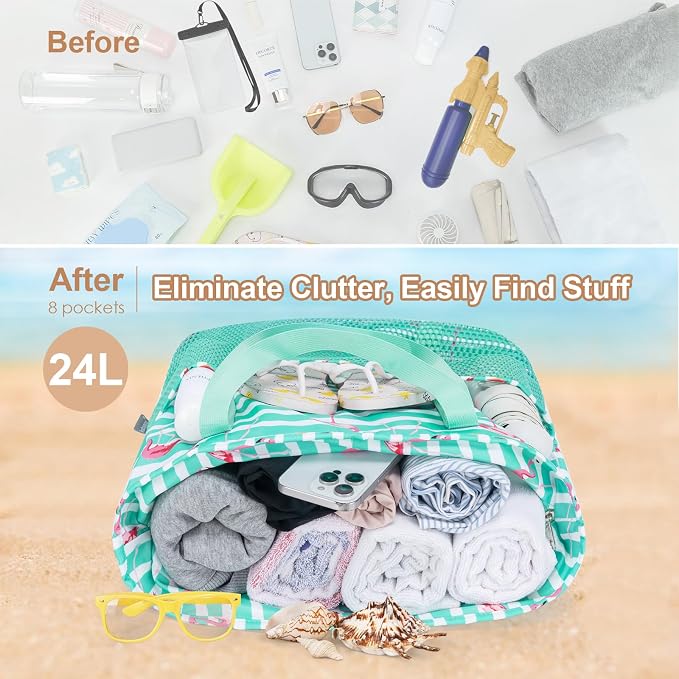 KABAQOO Large Beach Bag Waterproof Sandproof Tote Bag for Women with Zipper & Mesh Pockets for Pool Swim Travel Everyday | waterproof - Image 6