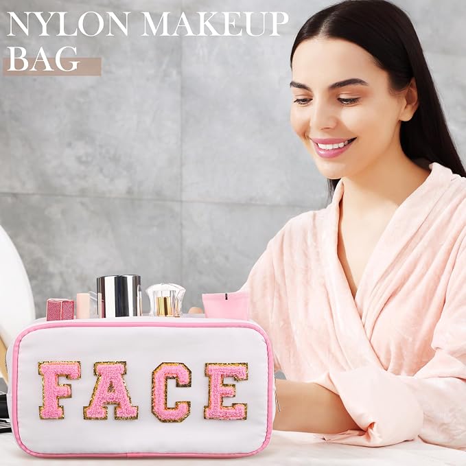 Preppy Makeup Bags Chenille Letter Stuff Bag Nylon Cosmetic Pouch Cases with Zipper for Women Travel Toiletry(White Set,Novel,4 Pcs) - Image 6
