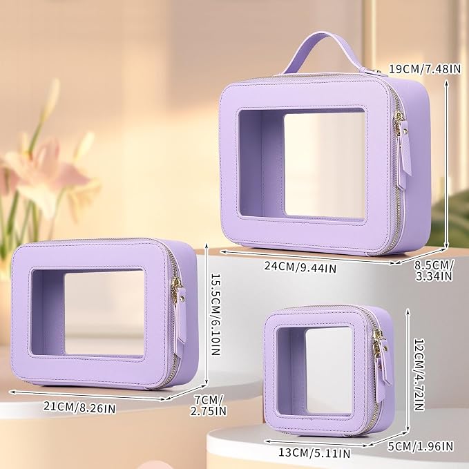 Pinkmik Clear Makeup Bag, (Purple, L+M+MINI) | Waterproof, Travel Case for Cosmetics and Toiletries, Women's Purse Organizer, Clear Car Bag with Zipper - Image 2