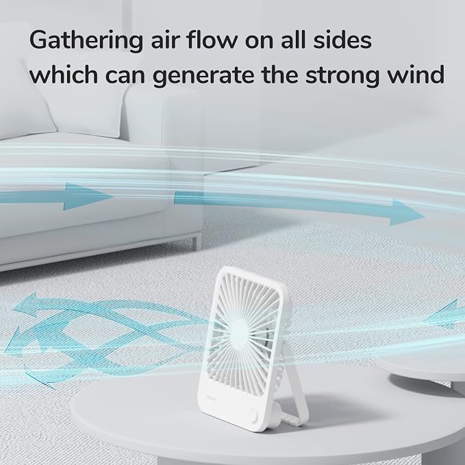 JISULIFE Small Desk Fan Battery Operated, 180° Foldable Portable Fan, 4 Speeds Adjustable Ultra Quiet for Home Office Travel Outdoor-White | Battery Operated, 4 Speeds Adjustable Ultra Quiet for Home Office Travel Outdoor-White - Image 6