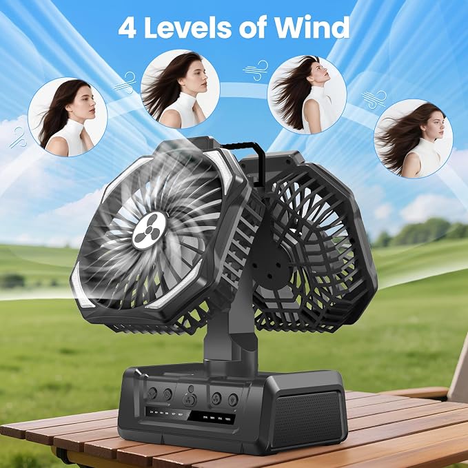 Dual Head Portable Rechargeable Fan 20000mAh Battery Powered Fan Cordless | with Dual Side LED Lantern & Remote, Auto Oscillation, Hook, Battery Operated for Tent Office Travel Camping Picnic - Image 3