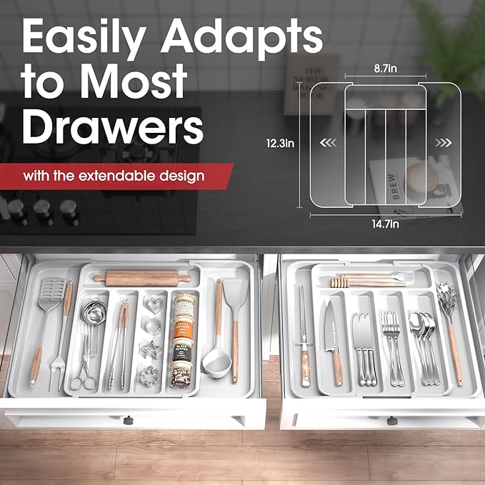 Aujen Silverware Drawer Organizer, Adjustable Utensil Cutlery Tray | Expandable Kitchen Organizer for Forks Knives, Multipurpose Kitchen Storage , Apartment Essentials, White, Medium - Image 5