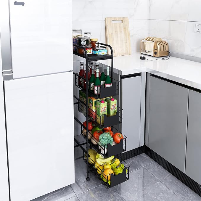 WHIFEA 5 Tier Slim Rolling Cart with Pull-Out Drawers, Multi-Layer Narrow Storage Shelf Organizer on Wheels, Metal Wire Baskets for Fruit, Dishes, Freestanding Unit for Kitchen, Bathroom, Home Office - Image 3