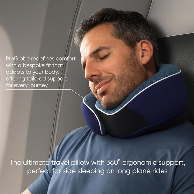 Travel Pillow, Orthopedic Memory Foam Airplane Neck Pillow, Blue | 360 Head Support Travel Set with 3D Contoured Eye Masks, Earplugs and Luxury Mesh Bag, Updated Soft Resting Material - Image 6
