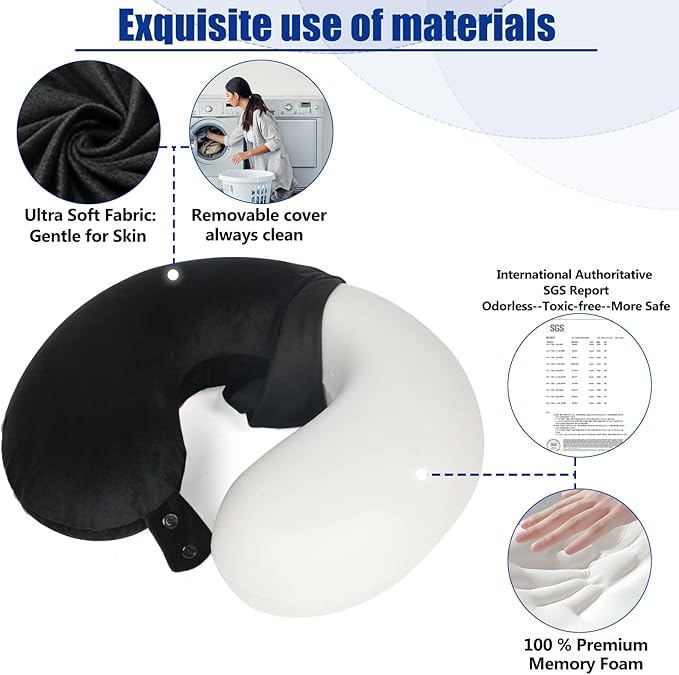 SAIREIDER Travel Pillow 100% Pure Memory Foam Travel Neck Pillow with Storage Bag, Airplane Pillow for Traveling、Car、Home、Office，Washable Cover（Black） - Image 4