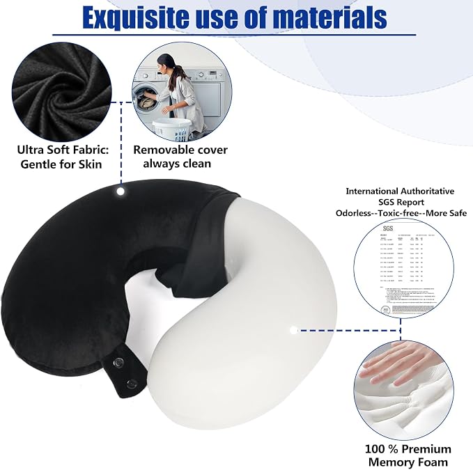 SAIREIDER Neck Pillows for Travel 100% Memory Foam Adjustable Travel Pillows with Storage Bag, Sleep Mask and Earplugs-Prevent The Heads from Falling Forward (Black) - Image 4