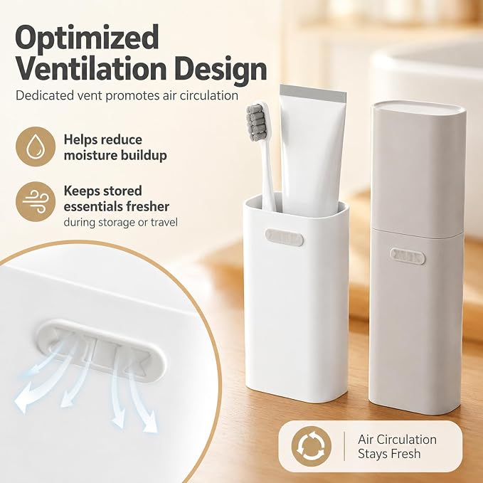 HyJeryty Ventilated Compact White Toothbrush Travel Case, Portable Toothbrush & Toothpaste Holder Cover Organizer Container with Mouthwash Cup for School, Camping, Business Trip, Bathroom Storage - Image 3