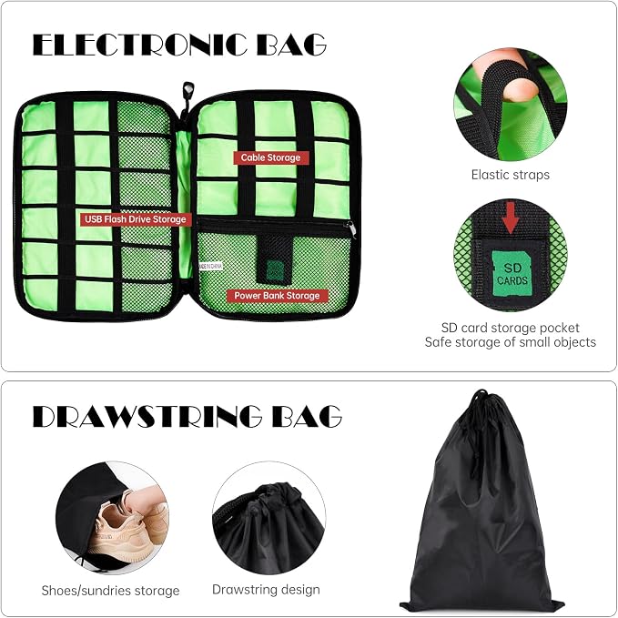NiHome 7PCS Compression Packing Cube Set Expandable Mesh Travel Bag Luggage Organizers with Electronic Cable Cord Charger Organizer Drawstring Bag (Red) - Image 6