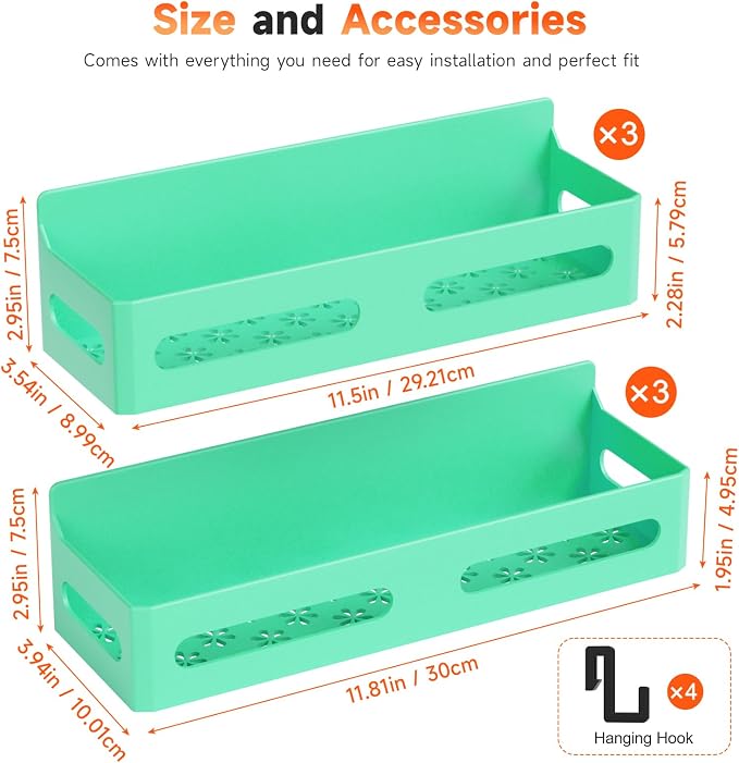 4-Pack Magnetic Spice Rack for Refrigerator with Hooks, Green | Strong multipurpose magnetic shelf for kitchen & bathroom organization. Includes 4 removable hooks for hanging items. - Image 7