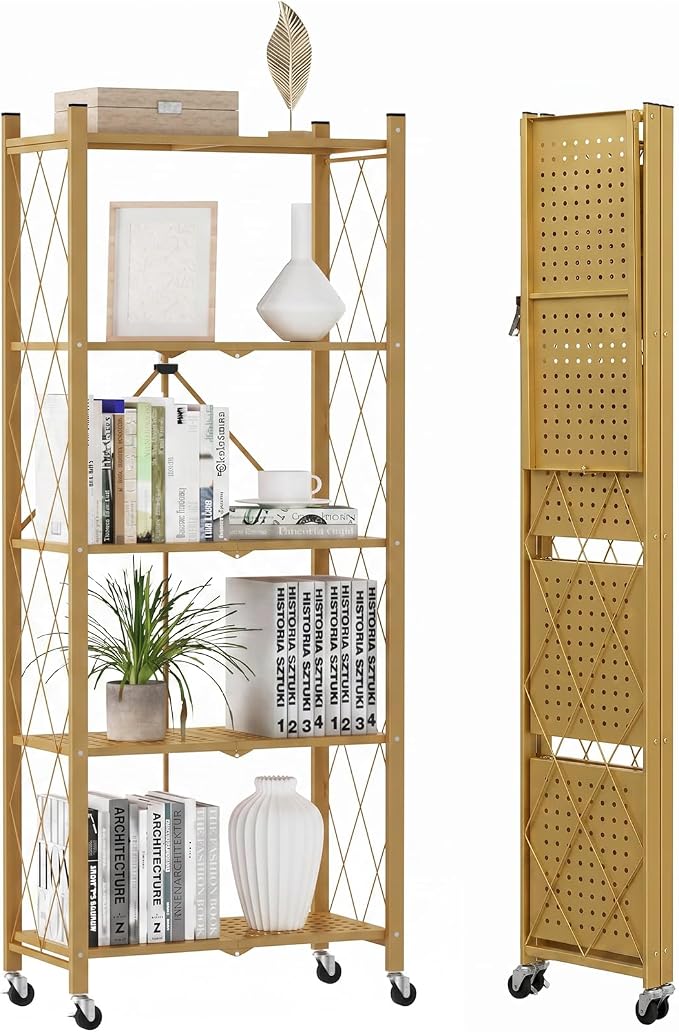 DEANIC 5-Shelf Folding Bookcase with Wheels, Rolling Bookshelf Heavy Duty Storage Shelves, Freestanding Metal Wire Shelving Unit for Living Room, Office, Kitchen, Basement, Pantry (Gold) by ShowNow