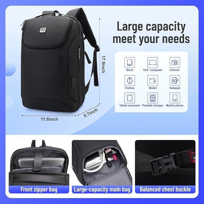 JODEBES 15.6 Inch Business Work Backpack with TSA Lock, Black | Water-resistant Laptop Backpack with USB Charging Port, Travel Carry On Bag for Men Women, Large Opening, Luggage Strap - Image 2