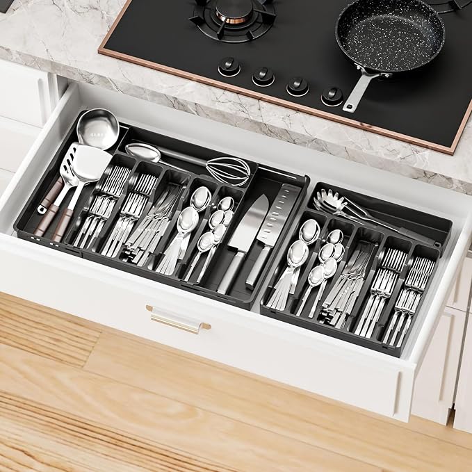 Black Expandable Silverware Drawer Organizer - Adjust From 11'' to 22'' - Knife,Cutlery,Spoons and Forks Organizer,Large 8 Grid Flatware,Silverware Tray,Utensil Organizer for Kitchen Drawers - Image 6