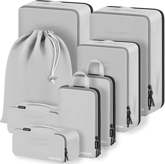Lumesner 8-Piece Grey Compression Packing Cubes for Carry-On Suitcases, Lightweight Polyester Travel Packing Cubes with Zipper Closure by Lumesner
