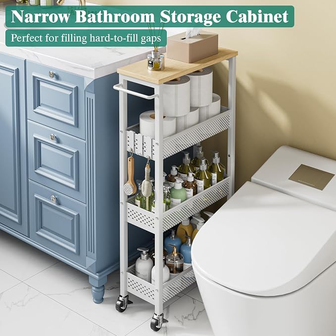 Slim Rolling Storage Cart 4 Tier Bathroom Organizer Mobile Shelving Unit Utility Cart with Wood Top and Handle for Kitchen Laundry Narrow Places, White - Image 3