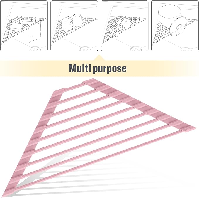 Tomorotec Triangle Roll Up Dish Drying Rack with Silicone Coating, Pink | 304 Stainless Steel with BPA-Free Silicone, Triangle Design Maximizes Sink Corner Space, Fits Compact Kitchens And RVs - Image 7