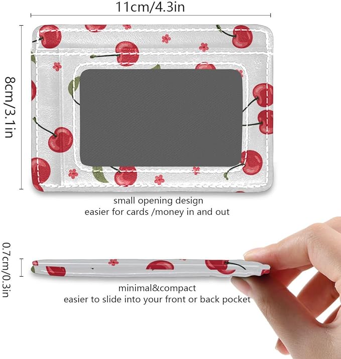 Front Pocket Minimalist Leather Slim Wallet Credit Card Holder Red Cherry for Men & Women - Image 5
