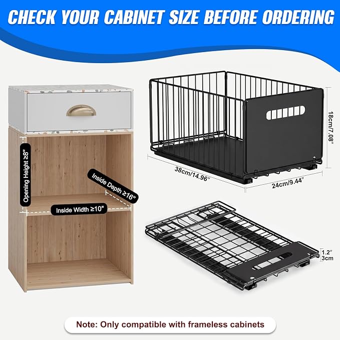 Pull Out Cabinet Organizer, No Drill Slide Out Drawer 2 Pack Black | Heavy Duty Carbon Steel Wire Basket, Adhesive Install, Foldable, 9.44 x 7.08 in, Kitchen Under Sink Pantry Bathroom - Image 3