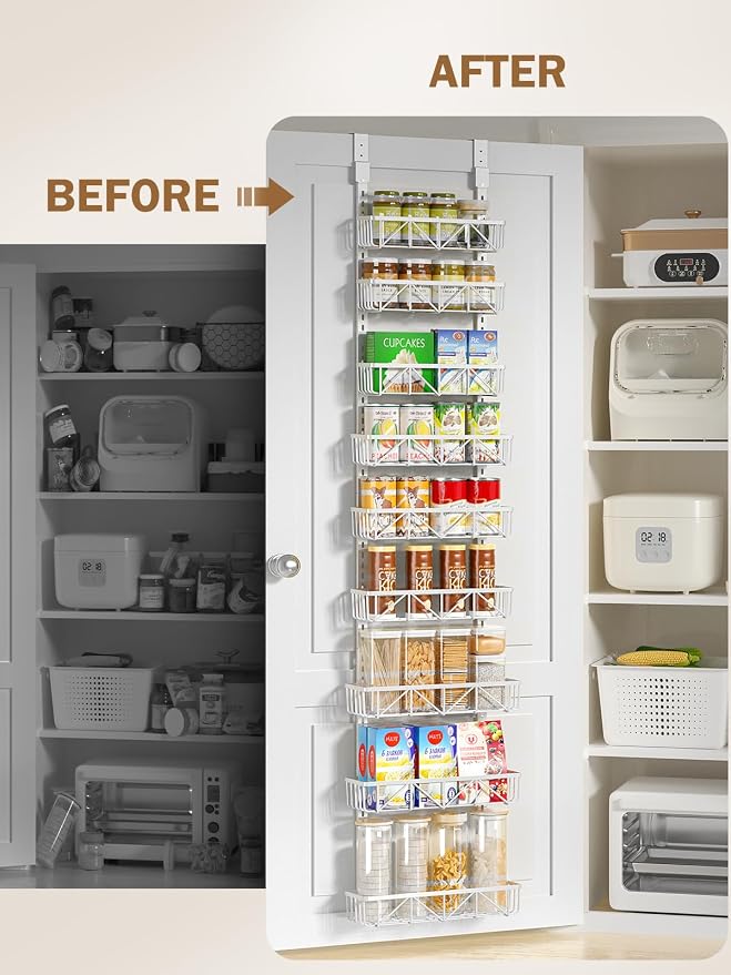 Delamu Narrow 9-Tier Over the Door Pantry Organizer, Adjustable Pantry Storage, Metal Hanging Spice Rack, Cabinet Door Organizer for Kitchen, Bathroom, Laundry Room, 12.5" White - Image 5