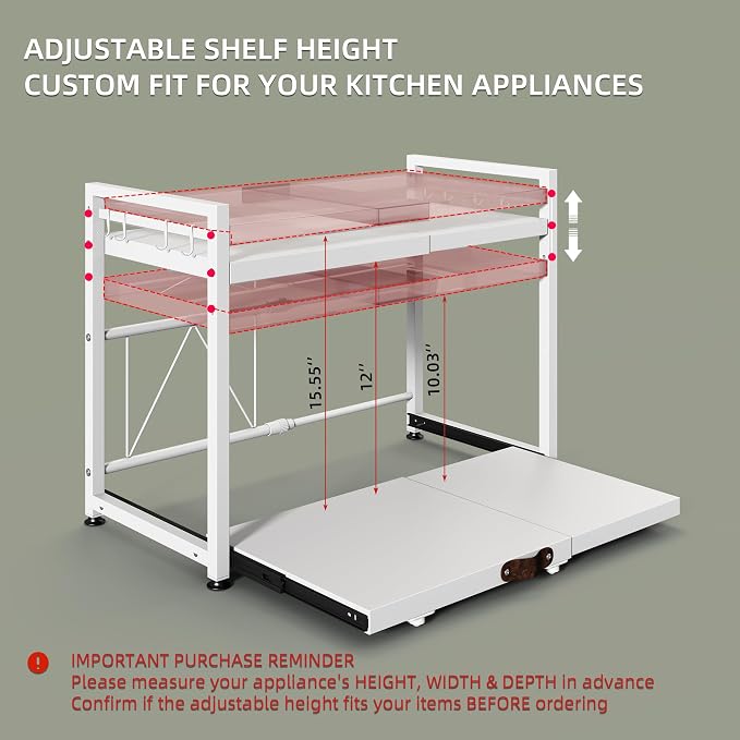 2 Tier Expandable Microwave Stand countertop,Microwave Oven Rack | Pull-Out Microwave Shelf, storage shelves for pans &appliances,Adjustable partition height，8 Hooks,55lbs max load,White - Image 7