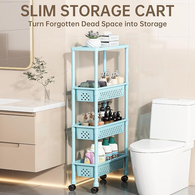 Slim 4 Tier Rolling Storage Cart Narrow Bathroom Organizer on Wheels Blue | 6.7" wide for tight bathroom/kitchen gaps, extra-tall tier, 360° casters, quick-dry shelves, tool-free storage rack - Image 4