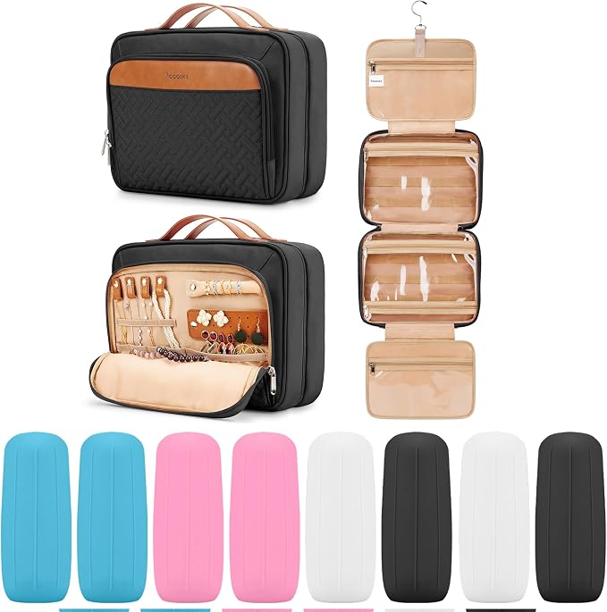 Travel Hanging Toiletry Bag for Women, Large Makeup Bag 8 Leak Proofing Silicone Bottle Covers, Waterproof Cosmetic Bag with Jewelry Organizer Compartment, Toiletries Kit Set, Black by COOSKY