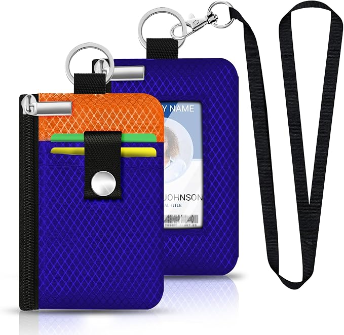 Minimalist RFID Blocking Small Wallet with ID Window,WaterResistant Zip Id Case Wallet with Lanyard Keychain for Cards,Cash,Travel,Women,Men (Sapphire Blue/Orange) - Image 6