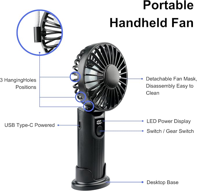 Portable Handheld Fan 5000mAh, Rechargeable Mini Fan with LED Display, 180° Foldable Small Desk Fan, 4 Speeds Quiet Personal Fan for Travel Makeup Office Outdoor - Black - Image 9