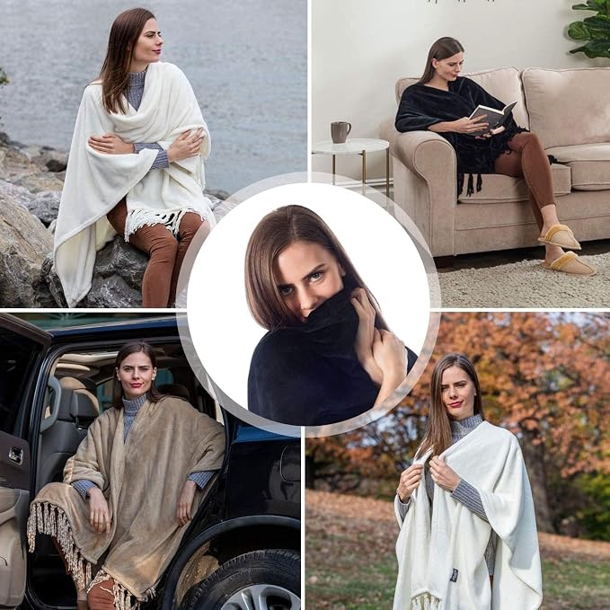 Travel Wrap for Women, Fleece Scarf for Women Airplane, Lightweigh and Warm Shawl with Fringes, this Blanket Scarf Makes a Great Gift for Mom - Beige - Image 6