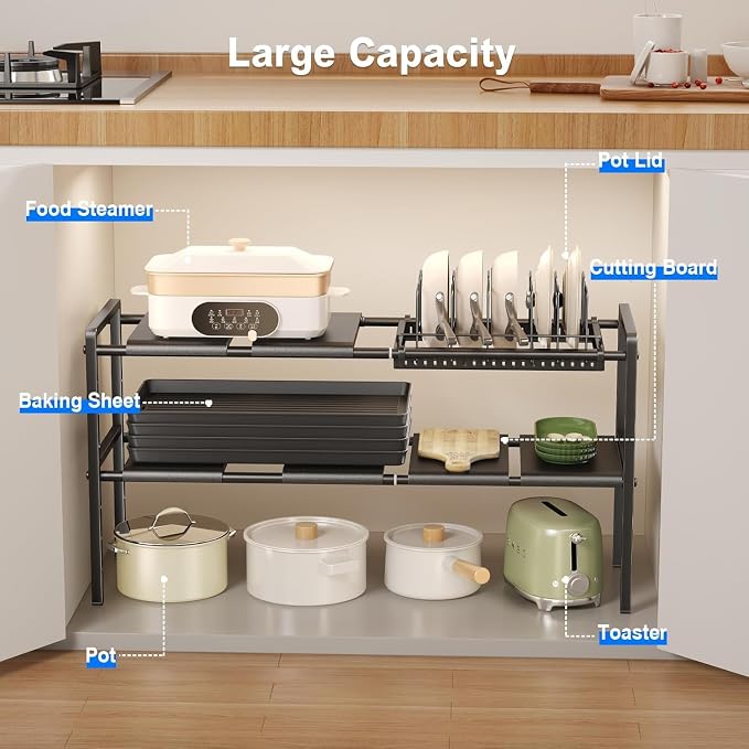 Mustorn Pots and Pans Organizer Under Cabinet, Expandable 2 Tier Under Sink Organizers and Storage Adjustable Height Kitchen Pot and Pan Lid Holder Rack with 6 Dividers(6panels,1 Pot rack, Black) - Image 4