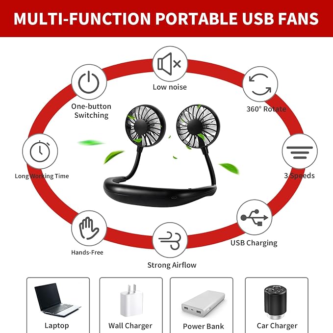 JUANANIUG Portable Neck Fan Rechargeable Personal HandFree Fan Mini USB Wearable Neckband Sport Fan 3 Speed Adjustable 360 Degrees Rotation Perfect for Working Traveling Office Reading (Full Black) - Image 5